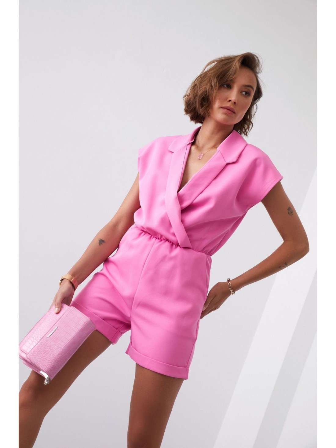 Elegant jumpsuit with an envelope neckline, pink 5132 - Online store - Boutique